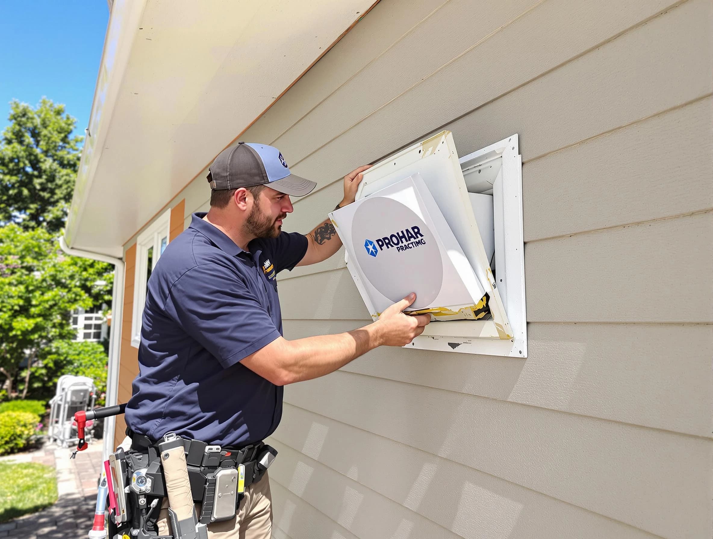 Derby Dryer Vent Cleaning technician installing a new protective dryer vent cover on a home in Derby