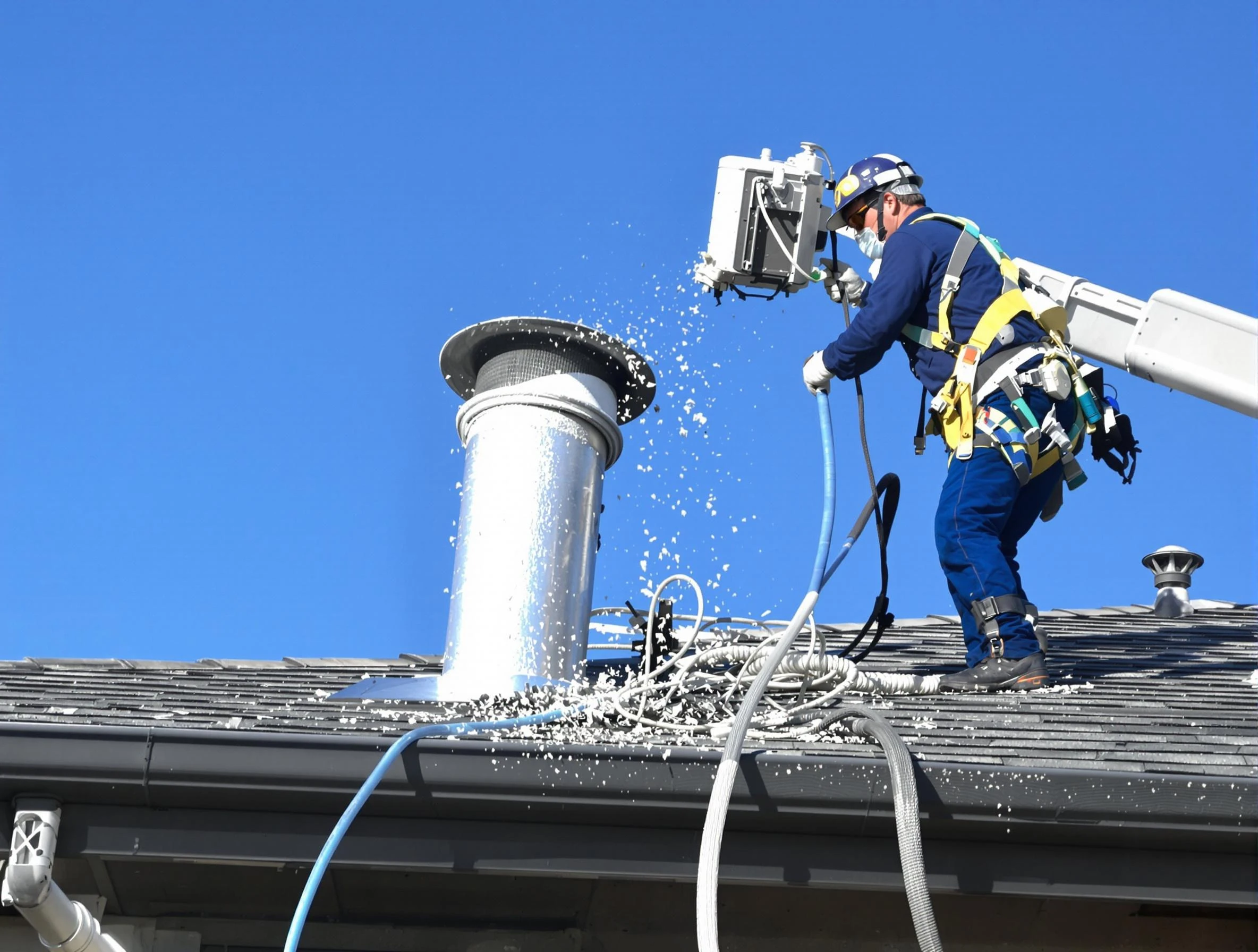 Derby Dryer Vent Cleaning certified technician safely cleaning a roof-mounted dryer vent in Derby