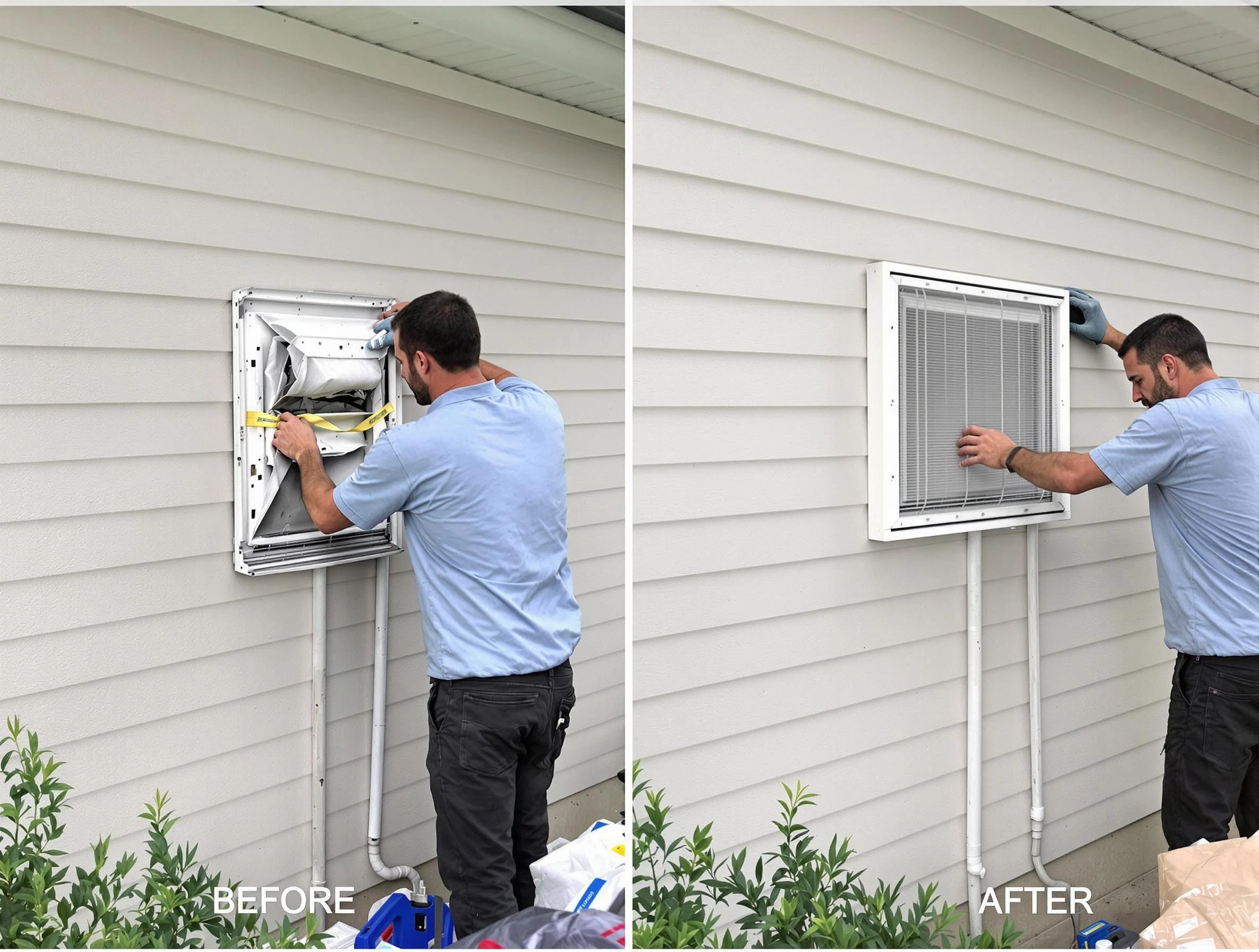 Derby Dryer Vent Cleaning technician installing high-quality dryer vent cover at a residential property in Derby